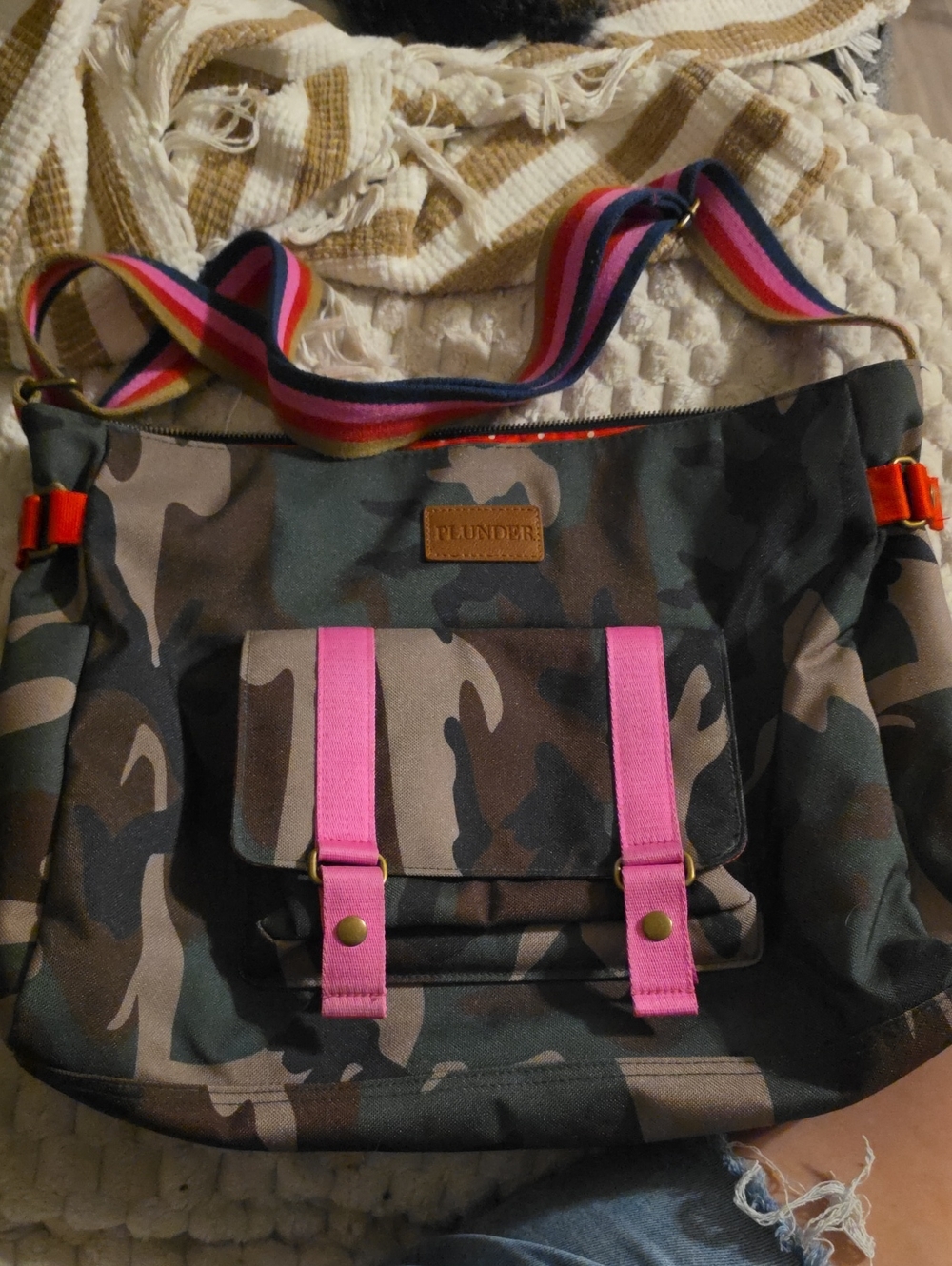 Plunder Camo Laptop Bag with Pink Straps and Rainbow Strap